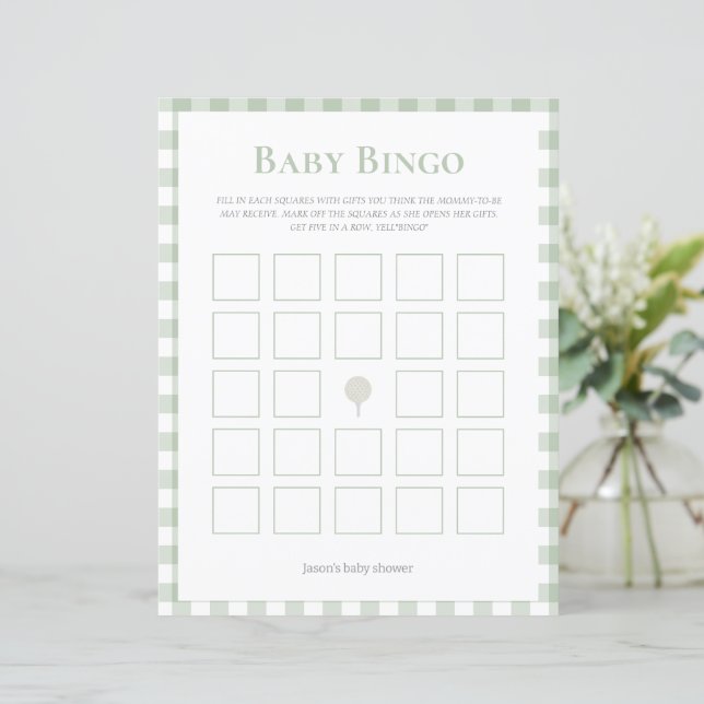 Sage Green Golf baby shower Bingo spel (Staand voorkant)