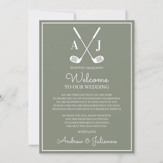 Sage Green Golf Wedding Welcome Note Kaart (Voorkant)