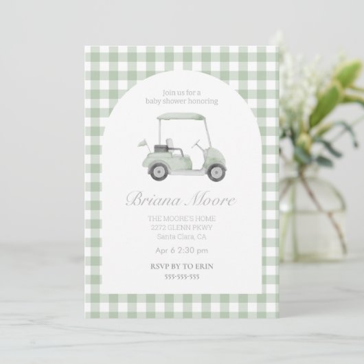 Sage green Golfkar baby shower Uitnodiging (Staand voorkant)