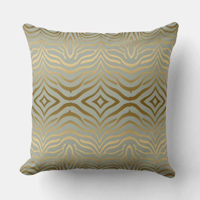 Sage-Green Goud Zebra Strepen Dierlijke Print Kussen (Voorkant)