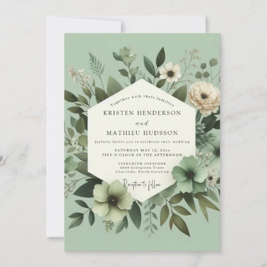 Sage Green Graceful Botanical Wedding Kaart (Voorkant)
