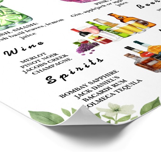 Sage Green Greenery Bar Menu Drink teken Poster (Hoek)