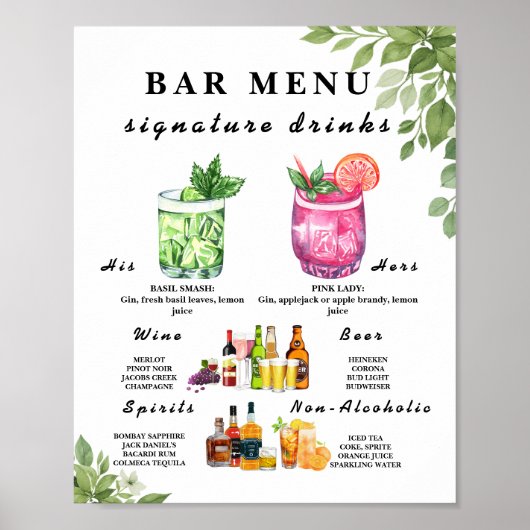 Sage Green Greenery Bar Menu Drink teken Poster (Voorkant)