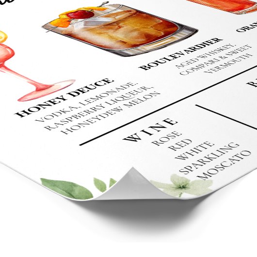 Sage Green Greenery Bar Menu Drink teken Poster (Hoek)