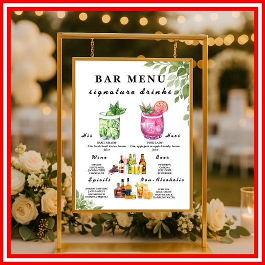 Sage Green Greenery Bar Menu Drink teken Poster