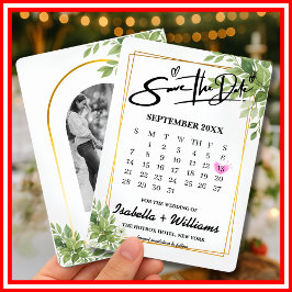 Sage Green Greenery Calendar Wedding Sla de datum  Informatiekaartje