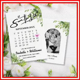 Sage Green Greenery Calendar Wedding Sla de datum  Informatiekaartje