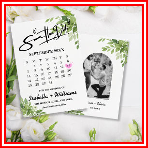 Sage Green Greenery Calendar Wedding Sla de datum  Informatiekaartje
