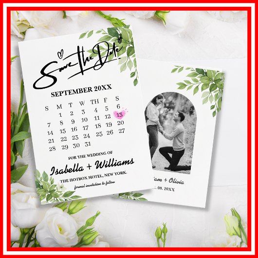 Sage Green Greenery Calendar Wedding Sla de datum Informatiekaartje