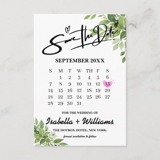 Sage Green Greenery Calendar Wedding Sla de datum Informatiekaartje (Voorkant)
