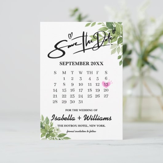 Sage Green Greenery Calendar Wedding Sla de datum  Informatiekaartje (Staand voorkant)