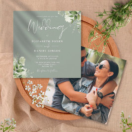 Sage Green Greenery Floral Photo Square Weddenscha Kaart
