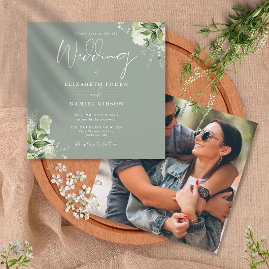 Sage Green Greenery Floral Photo Square Weddenscha Kaart