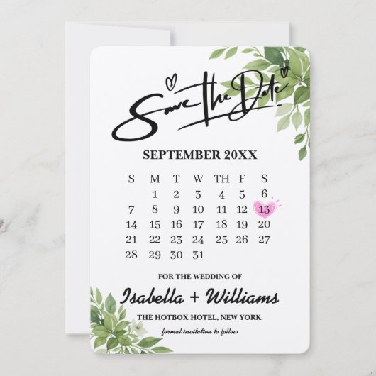 Sage Green Greenery Kalender met Hart Wedding Save The Date (Voorkant)