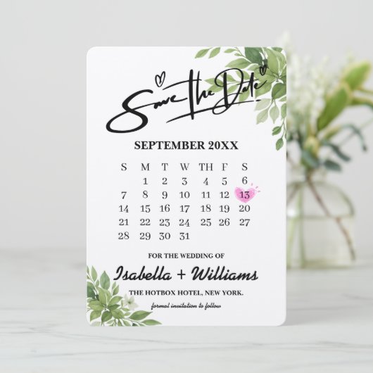Sage Green Greenery Kalender met Hart Wedding Save The Date (Staand voorkant)