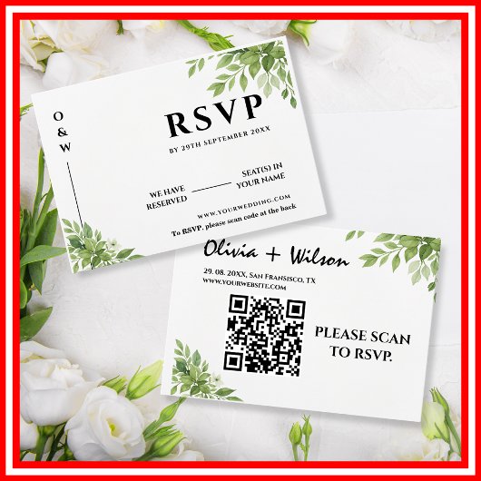 Sage Green Greenery Leaves QR Code Wedding RSVP Kaartje
