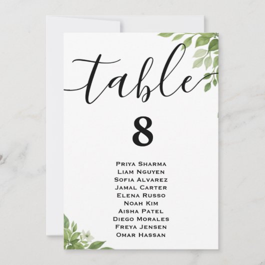 Sage Green Greenery Trouwtafel Zitting Grafiek Kaart (Voorkant)