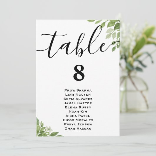 Sage Green Greenery Trouwtafel Zitting Grafiek Kaart (Staand voorkant)