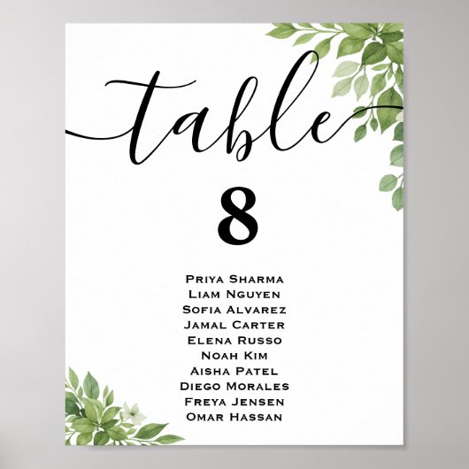 Sage Green Greenery Trouwtafel Zitting Grafiek Poster (Voorkant)