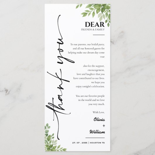 Sage Green Greenery Wedding Menu Bedankt Kaart (Achterkant)