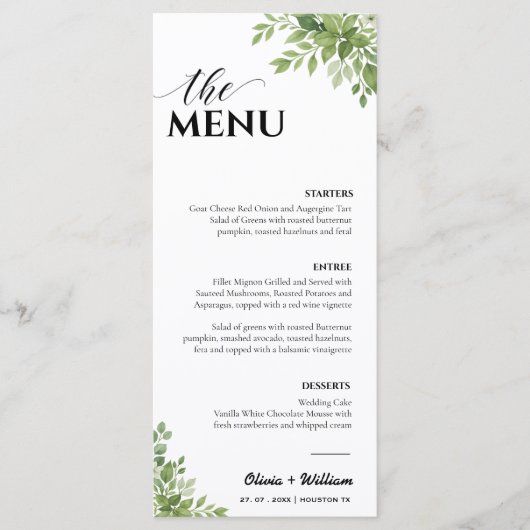 Sage Green Greenery Wedding Menu Bedankt Kaart (Voorkant)