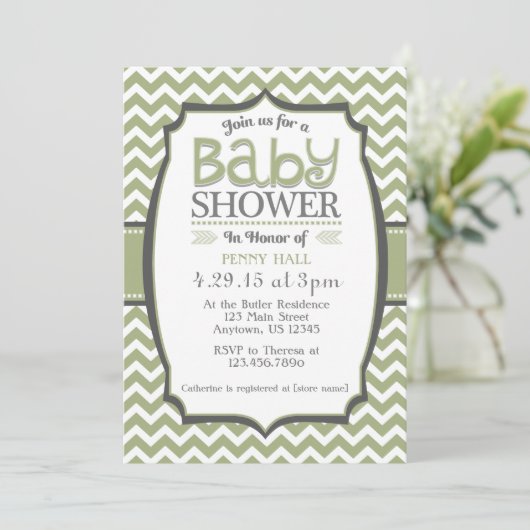 Sage Green Grey Chevron Baby shower Uitnodiging (Staand voorkant)
