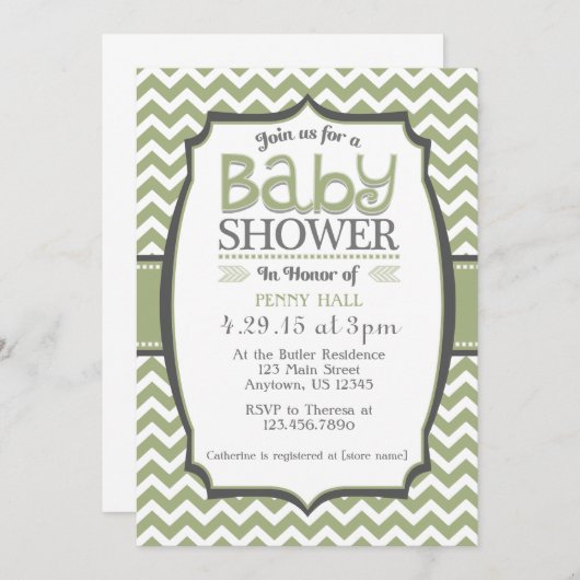Sage Green Grey Chevron Baby shower Uitnodiging (Voorkant / Achterkant)