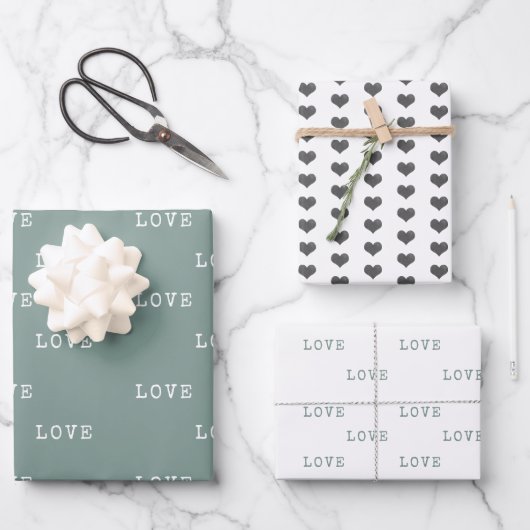Sage Green Grey Hearts Modern Love Valentijnsdag Inpakpapier Vel (Voorkant)