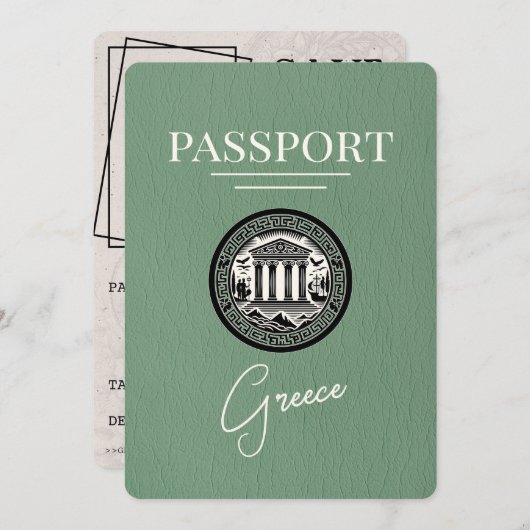 Sage Green Griekenland Paspoort Save the Date Kaar (Voorkant / Achterkant)