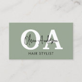 Sage Green Hair Stylist QR Code Monogram Visitekaartje (Voorkant)