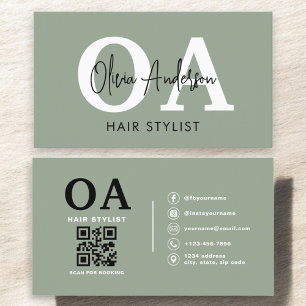 Sage Green Hair Stylist QR Code Monogram Visitekaartje