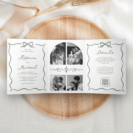 Sage Green Hand Drawn Bow QR Code Photo Wedding Drieluik Uitnodiging