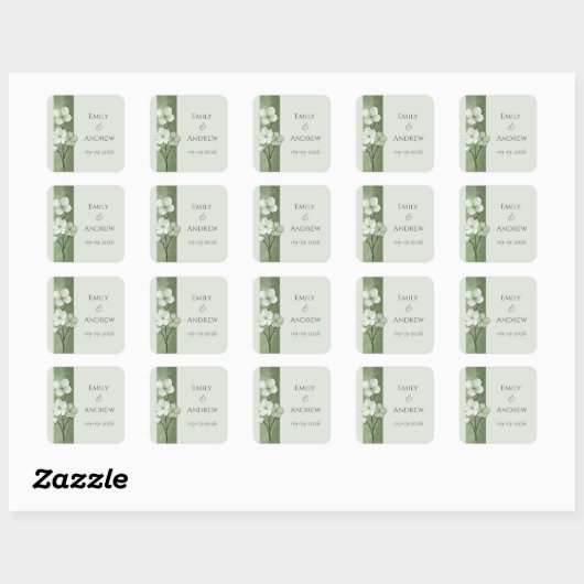 Sage Green Hand Drawn Floral Botanical Wedding Vierkante Sticker (Vel)