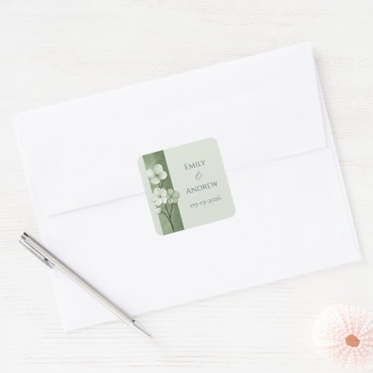 Sage Green Hand Drawn Floral Botanical Wedding Vierkante Sticker (Envelop)