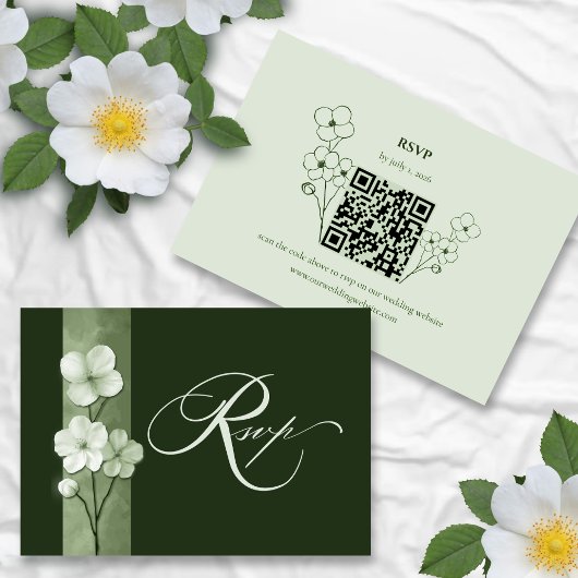 Sage Green Hand Drawn Floral QR Code RSVP Kaartje