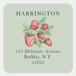 Sage Green Hand-Drawn Strawberry Retouradres Vierkante Sticker