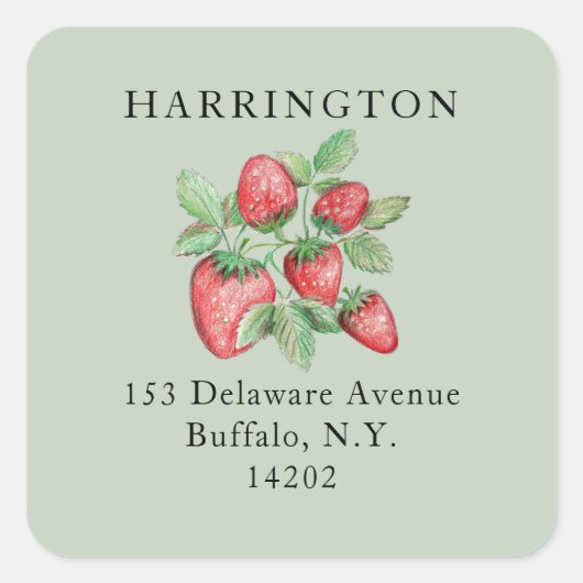 Sage Green Hand-Drawn Strawberry Retouradres Vierkante Sticker (Voorkant)