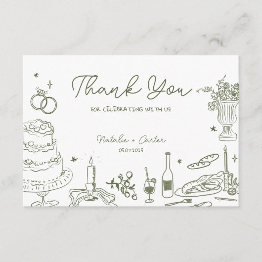 Sage Green Hand getekend grillige bruiloft Dank u Informatiekaartje (Voorkant)