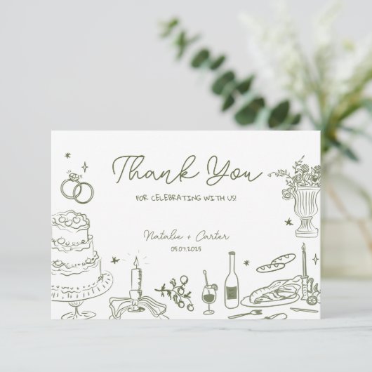 Sage Green Hand getekend grillige bruiloft Dank u Informatiekaartje (Staand voorkant)