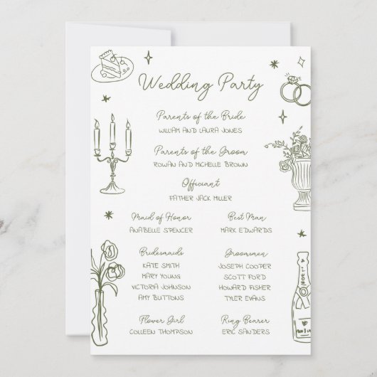 Sage Green Hand getrokken grillige bruiloft progra Kaart (Achterkant)