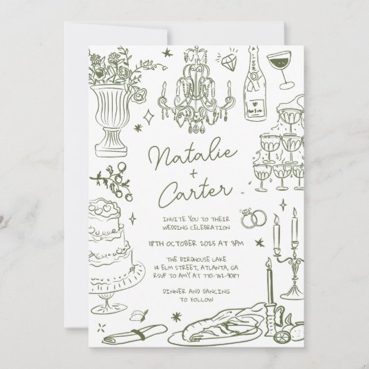Sage Green Hand Getrokken Whimsical Wedding Kaart (Voorkant)