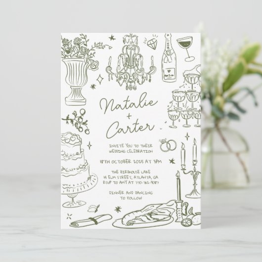 Sage Green Hand Getrokken Whimsical Wedding Kaart (Staand voorkant)