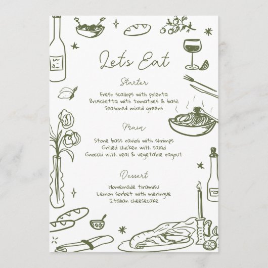Sage Green Hand Getrokken Whimsical Wedding Menu (Voorkant)