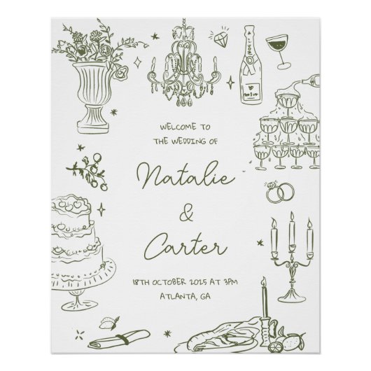 Sage Green Hand Getrokken Whimsical Wedding Perfect Poster (Voorkant)