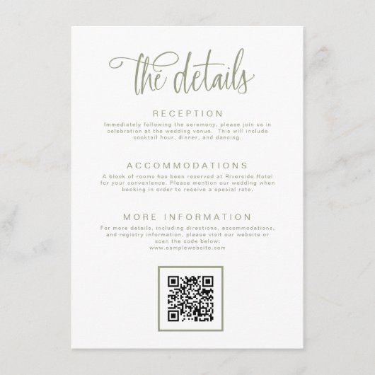 Sage Green handgeschreven kalligrafie bruiloft det Informatiekaartje (Voorkant)