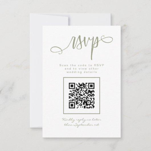 Sage Green Handgeschreven Script Eenvoudige QR-cod RSVP Kaartje (Voorkant)