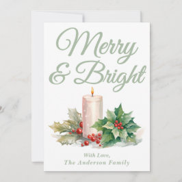Sage Green Handgeschreven Script Merry & Bright Feestdagenkaart