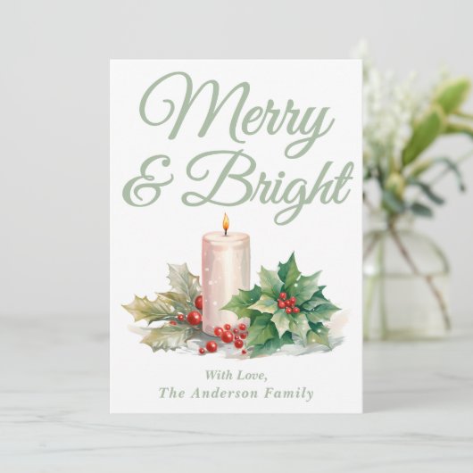 Sage Green Handgeschreven Script Merry & Bright Feestdagenkaart (Staand voorkant)