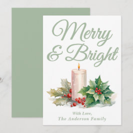 Sage Green Handgeschreven Script Merry & Bright Feestdagenkaart