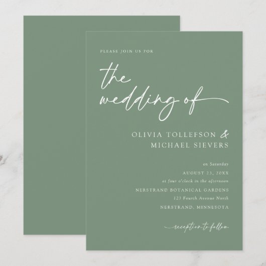Sage Green Handwritten Script Modern Wedding Kaart (Voorkant / Achterkant)